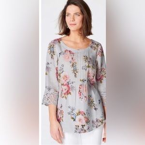 J Jill 100% Linen Women’s Blue Floral Blouse with Lace  XL